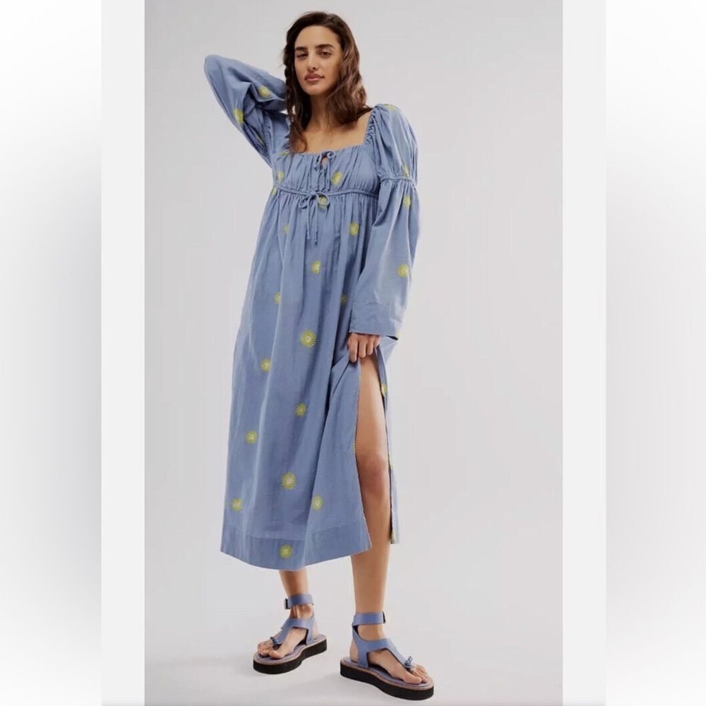 Free People Emory Dress Embroidered Sun Midi Size Medium Blue New